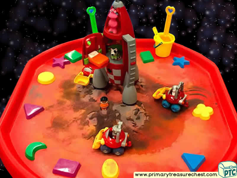 Space - Rocket - Astronauts - Mars - Robots - Alien Themed Small World Multi-sensory Coloured Sand Tuff Tray Ideas and Activities